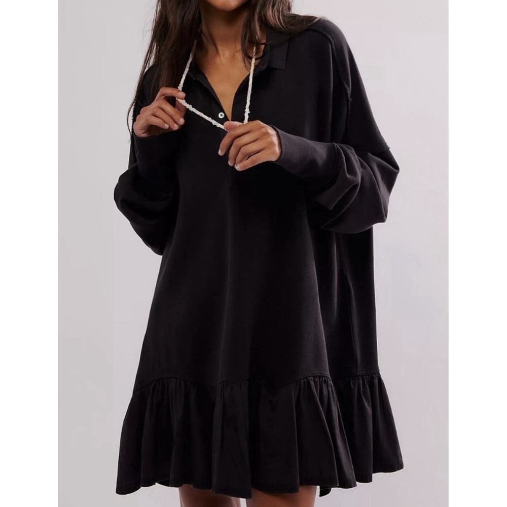 Free People Olivia Sweatshirt Tunic Top XS Black Oversized Ruffle Hem